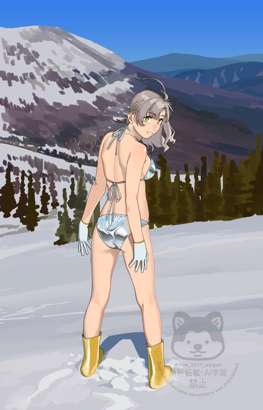 1girl absurdres alternate_costume antenna_hair ass bikini blue_sky boots breasts commentary day from_behind gloves grey_hair grin highres kantai_collection kinugasa_(kancolle) kinugasa_kai_ni_(kancolle) looking_at_viewer looking_back medium_breasts mountain ojipon outdoors rubber_boots silver_bikini sky smile snow solo standing swimsuit symbol-only_commentary tree watermark white_gloves yellow_boots