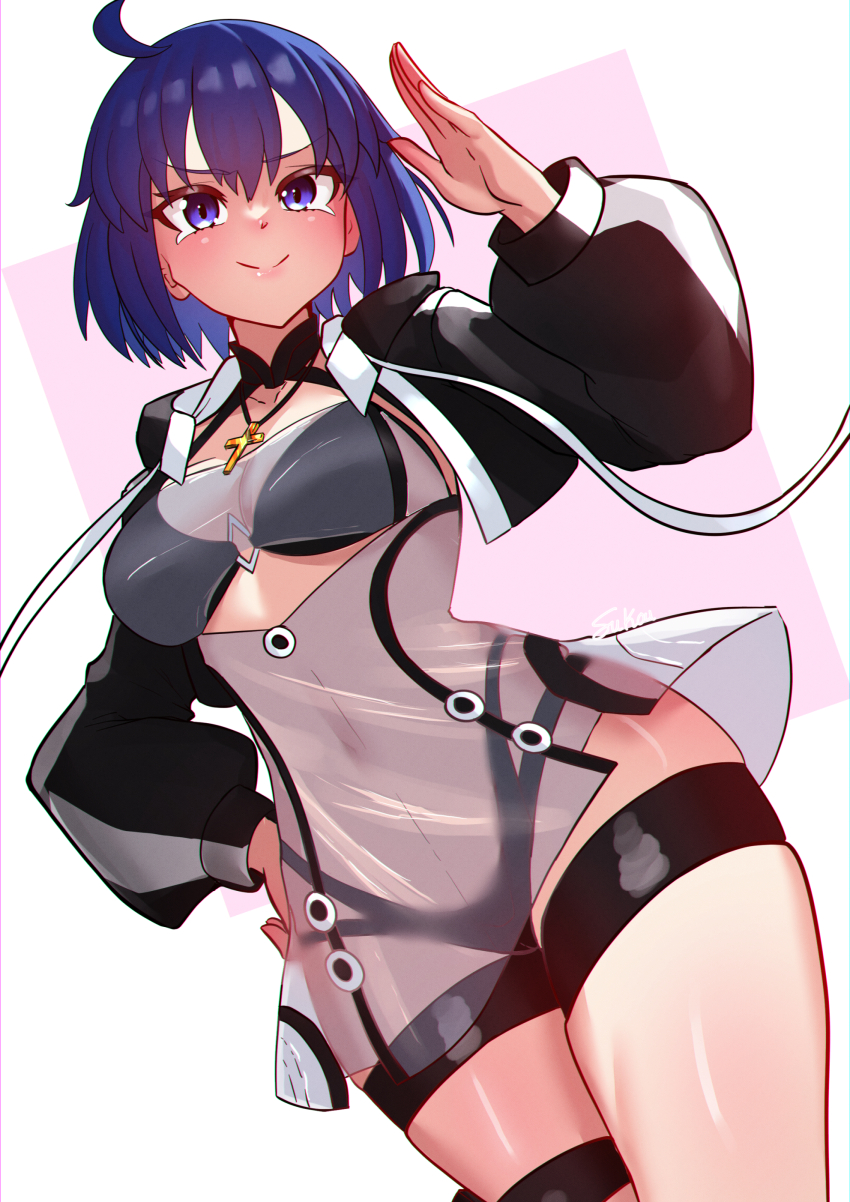 1girl absurdres ahoge bikini bikini_under_clothes black_bikini black_jacket blue_eyes blue_hair blush breasts c.i.e.l_(fate) c.i.e.l_(first_ascension)_(fate) ciel_(tsukihime) cropped_jacket cross cross_necklace dress_swimsuit fate/grand_order fate_(series) fukou grey_one-piece_swimsuit highres jacket jewelry large_breasts long_sleeves looking_at_viewer necklace one-piece_swimsuit short_hair smile solo swimsuit thighs