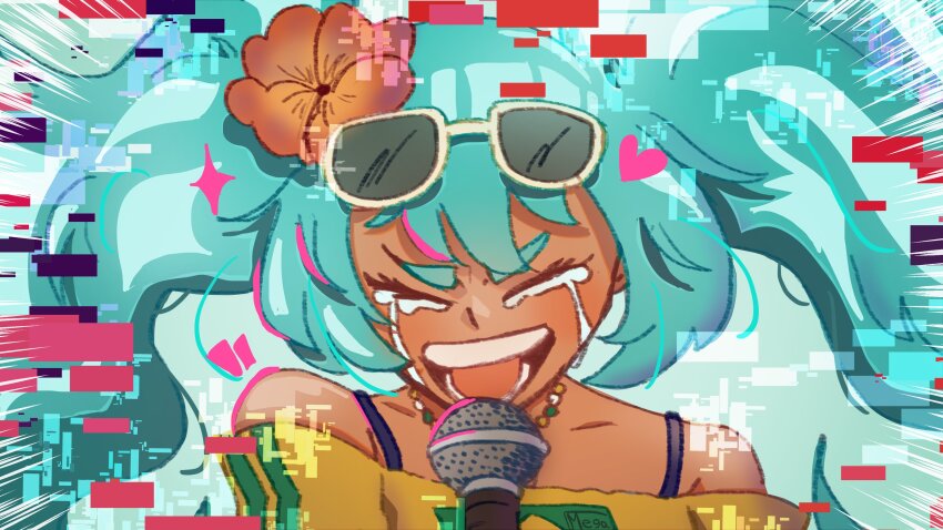 1girl absurdres alternate_costume alternate_skin_color aqua_hair bare_shoulders bead_choker brazilian_miku closed_eyes crying eyewear_on_head flower hair_flower hair_ornament hatsune_miku hatsune_miku_no_shoushitsu_(vocaloid) hibiscus highres long_hair m3gaartworks microphone music off-shoulder_shirt off_shoulder open_mouth shirt sidelocks singing smile solo sunglasses tan teeth twintails vocaloid