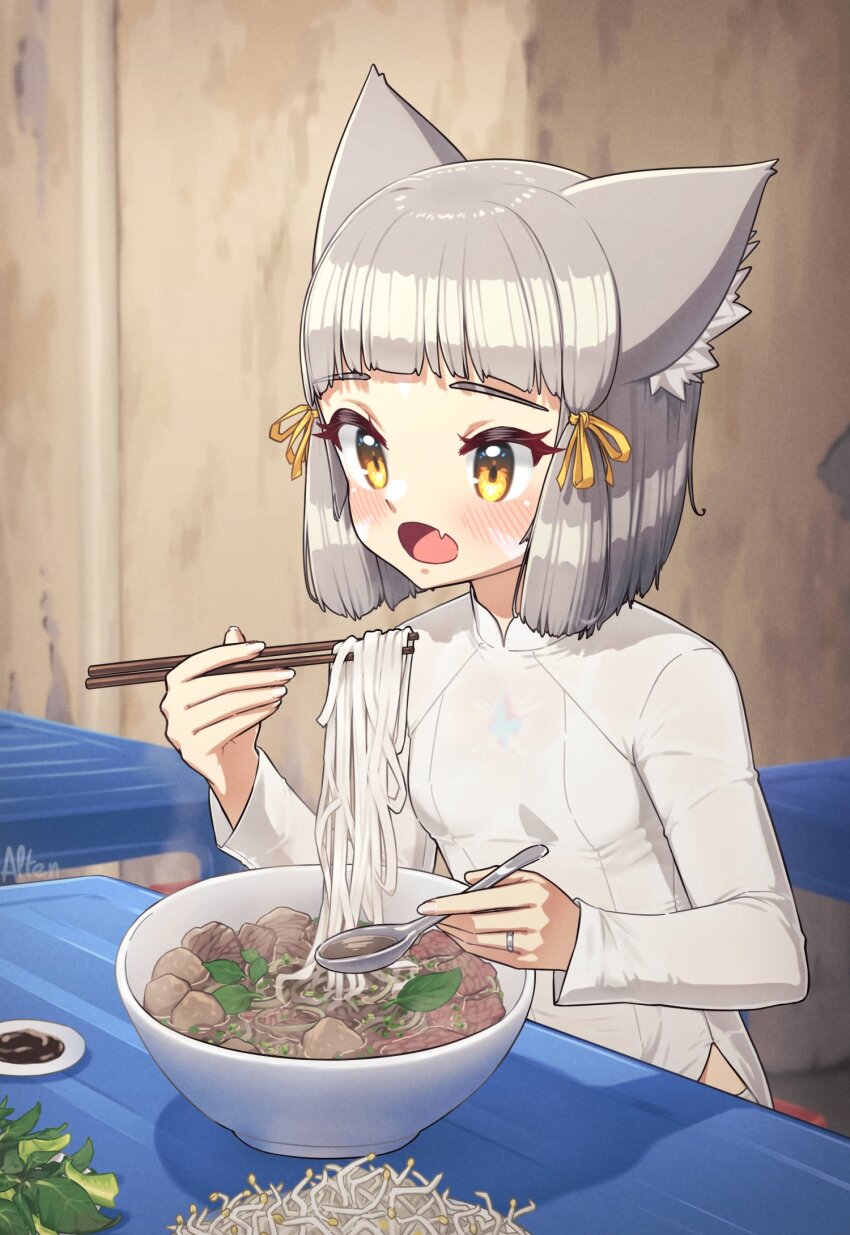 1girl alten animal_ears cat_ears cat_girl chopsticks core_crystal_(xenoblade) dress fang food grey_hair highres holding holding_chopsticks indoors jewelry long_sleeves nia_(xenoblade) noodles open_mouth pho ring short_hair skin_fang solo table tareme vietnam vietnamese_clothes vietnamese_commentary ao_dai wedding_ring white_dress wooden_wall xenoblade_chronicles_(series) xenoblade_chronicles_2 yellow_eyes
