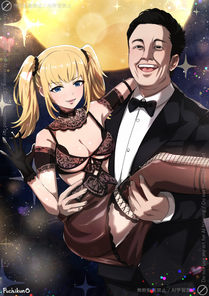 1boy 1girl :d ani_(xai) artist_name black_bow black_bowtie black_bra black_dress black_gloves black_hair black_jacket black_pants black_skirt black_thighhighs blonde_hair blue_eyes blush bow bowtie bra breasts carrying cleavage commentary_request dress elon_musk fishnet_thighhighs fishnets gloves hair_tie highres jacket lingerie long_hair looking_at_viewer lower_teeth_only medium_hair open_mouth pants princess_carry puchikun real_life shirt short_hair sidelocks skirt smile teeth thighhighs tuxedo twintails twitter underwear upper_teeth_only very_short_hair watermark white_shirt
