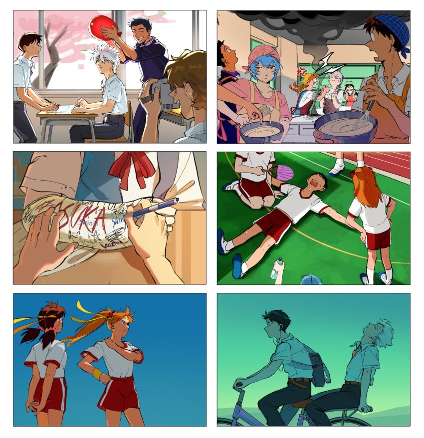 3girls 4boys aida_kensuke anger_vein apron arms_behind_back ayanami_rei bag balloon bicycle black_hair blue_eyes blue_hair bottle bowl braid brown_hair camera cast cherry_blossoms classroom collared_shirt commentary cooking dark-skinned_male dark_skin desk earbuds earphones english_commentary exhausted freckles glasses gym_uniform hair_bobbles hair_ornament hairclip hand_fan hand_on_own_hip hands_on_own_hips head_back headband headscarf highres holding holding_balloon holding_bowl holding_camera holding_pen holding_whisk horaki_hikari ikari_shinji kneeling long_hair looking_up low_twintails lying multiple_boys multiple_girls nagisa_kaworu neck_ribbon neon_genesis_evangelion on_back open_mouth orange_hair own_hands_together pants pen ponytail prank red_eyes ribbon riding riding_bicycle running_track school_bag school_uniform shirt short_hair short_sleeves sitting smile smoke socks suzuhara_touji sweatband sweepswoop t-shirt tandem_bicycle tokyo-3_middle_school_uniform tree twin_braids twintails two_side_up water_bottle whisk white_hair window writing