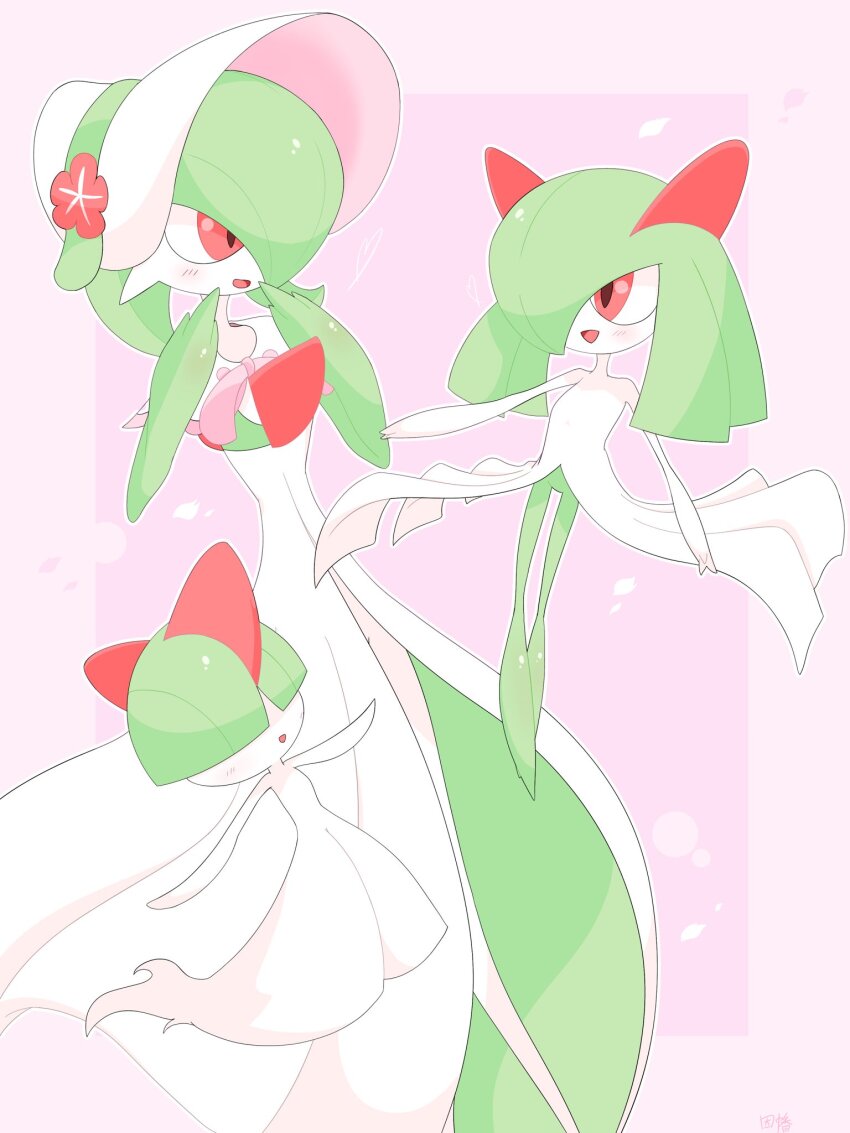 bob_cut bonnet bowl_cut colored_skin dress evolutionary_line flower gardevoir gardevoir_(fashionable) gen_3_pokemon green_hair green_skin hair_over_eyes hair_over_one_eye hat hat_flower highres horns inb795 kirlia multicolored_skin nintendo pink_background pink_eyes pokemon pokemon_(creature) pokemon_unite ralts sidelocks simple_background two-tone_skin white_dress white_skin