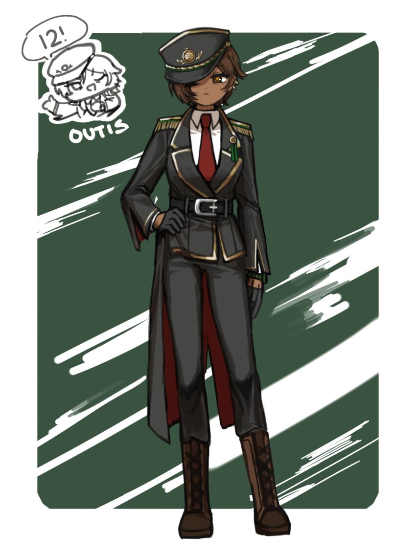 1girl alternate_costume belt black_gloves black_hat black_jacket black_pants boots border brown_eyes brown_hair brown_shoes character_name closed_mouth coattails collared_shirt dark-skinned_female dark_skin earrings full_body gloves gold_trim green_background hat highres jacket jewelry limbus_company long_sleeves looking_at_viewer necktie nra_3614 one_eye_closed outis_(project_moon) pants project_moon red_necktie shirt shoes short_hair simple_background solo standing white_border white_shirt