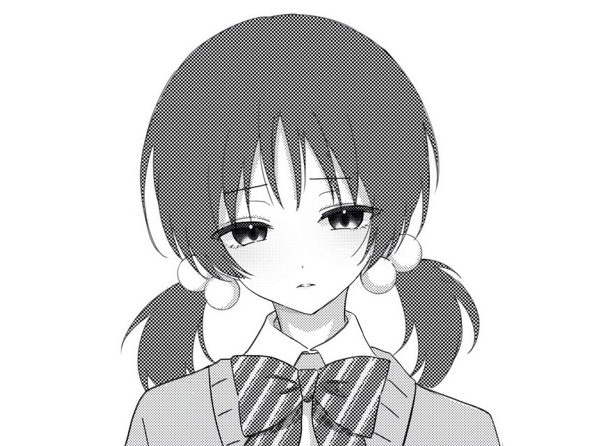 1girl expressionless greyscale highres kaai_yuki low_twintails monochrome ribbon school_uniform shio_(inu_u27) short_hair simple_background solo twintails uniform vocaloid white_background zako_(vocaloid)
