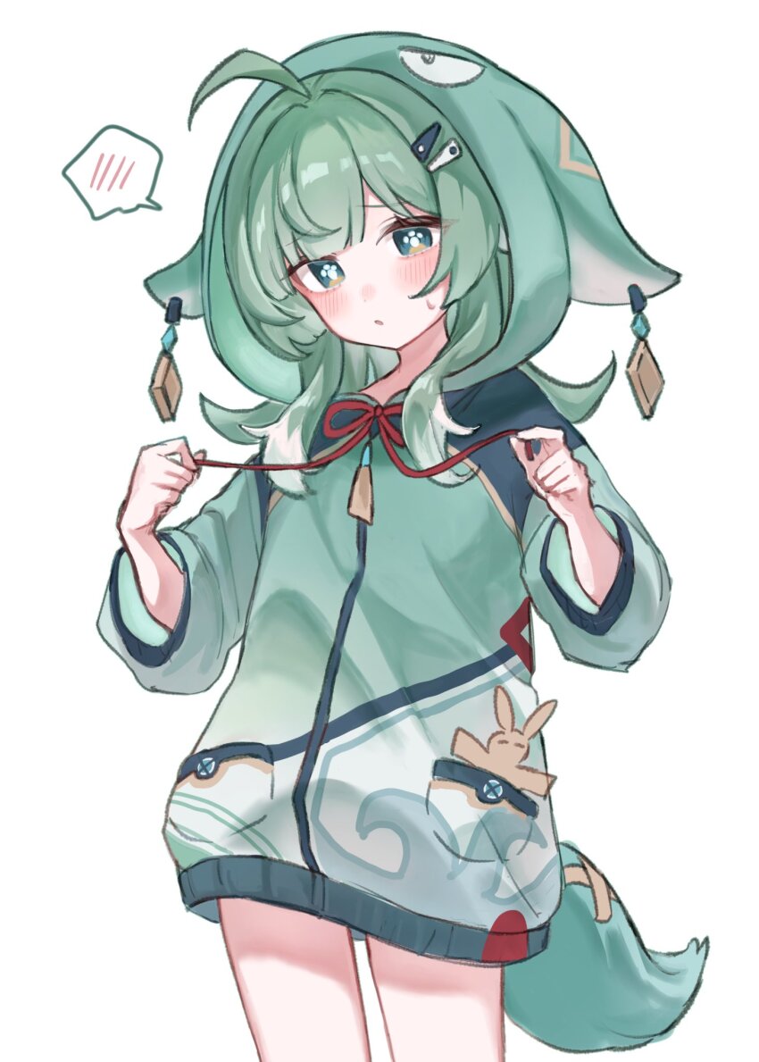 1girl ahoge alternate_costume animal_ears bandaid_on_tail character_hood cowboy_shot enunu_7e fox_ears fox_girl fox_tail green_eyes green_hair green_hoodie highres holding holding_ribbon honkai:_star_rail honkai_(series) hood hood_up hoodie huohuo_(honkai:_star_rail) long_hair long_sleeves looking_at_viewer paper_doll parted_lips paw-shaped_pupils ribbon simple_background solo spoken_blush standing sweatdrop symbol-shaped_pupils tail tail_(honkai:_star_rail) white_background yin_yang_hair_ornament