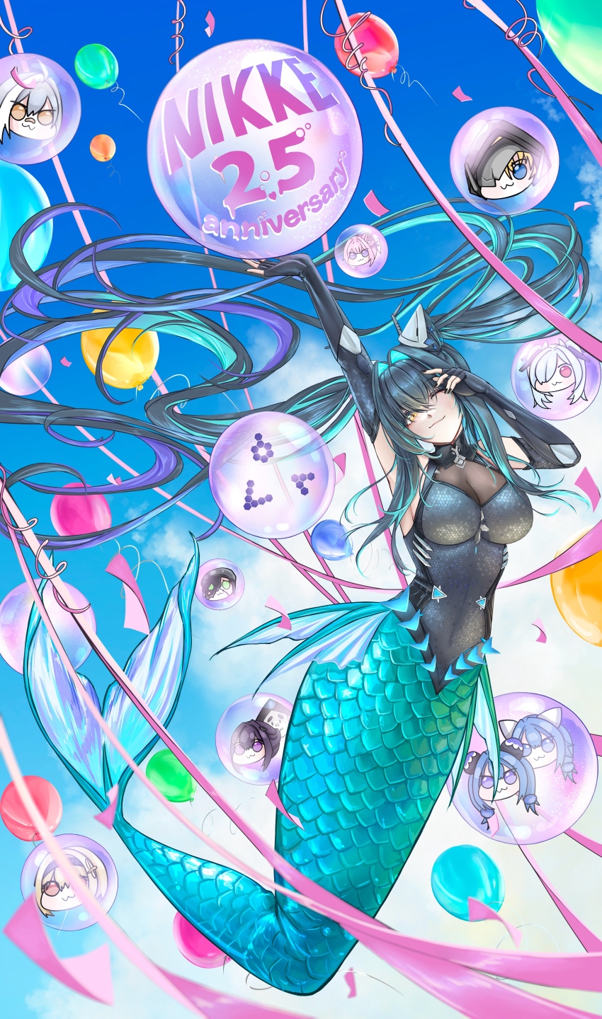 1girl :3 absurdres anniversary aqua_hair arms_up balloon bare_shoulders black_bodysuit black_gloves black_hair blue_sky bodysuit breasts bubble cinderella_(nikke) cleavage closed_mouth cloud colored_inner_hair commentary covered_navel crossed_bangs day doro_(nikke) dorothy_(nikke) elbow_gloves fingerless_gloves fins full_body gloves goddess_of_victory:_nikke grave_(nikke) gretel_(nikke) hair_between_eyes hair_intakes hansel_(nikke) highres jintan0055 large_breasts leviathan_(nikke) little_mermaid_(nikke) long_hair looking_at_viewer mermaid mihara_(bonding_chain)_(nikke) mihara_(nikke) monster_girl monsterification mori_(nikke) multicolored_hair old_tales_(nikke) one_eye_closed red_shoes_(nikke) see-through_bodysuit see-through_cleavage see-through_clothes sidelocks sky smile solo streamers twintails very_long_hair yellow_eyes yuni_(chimera)_(nikke) yuni_(nikke)