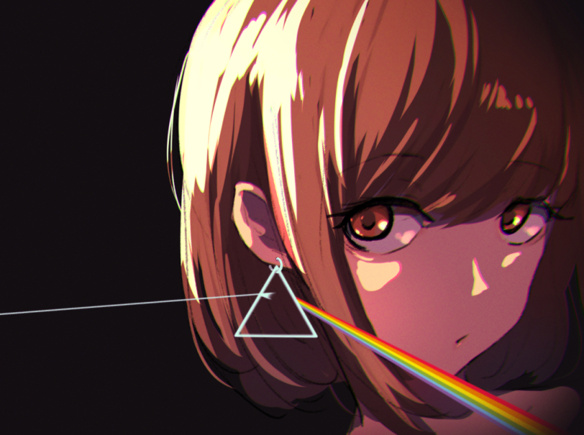 1girl bare_shoulders black_background blue_eyes brown_eyes brown_hair clip_studio_paint_(medium) dark_side_of_the_moon earrings jewelry kasoku_souchi looking_at_viewer original parted_lips pink_floyd prism rainbow short_hair sidelighting solo triangle_earrings