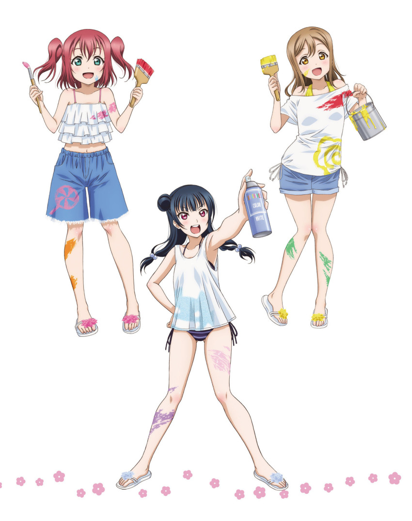3girls :d aqua_eyes artbook bikini bikini_under_clothes blue_hair blush brown_hair frills full_body hair_bun highres holding holding_paintbrush kunikida_hanamaru kurosawa_ruby long_hair looking_at_viewer love_live! love_live!_sunshine!! multiple_girls navel non-web_source official_art open_mouth paint paint_can paint_on_body paint_on_clothes paint_splatter paint_splatter_on_face paintbrush purple_eyes red_hair sandals shirt shorts side-tie_bikini_bottom simple_background single_side_bun smile standing striped_bikini striped_clothes swimsuit tsushima_yoshiko twintails white_background white_shirt yellow_eyes