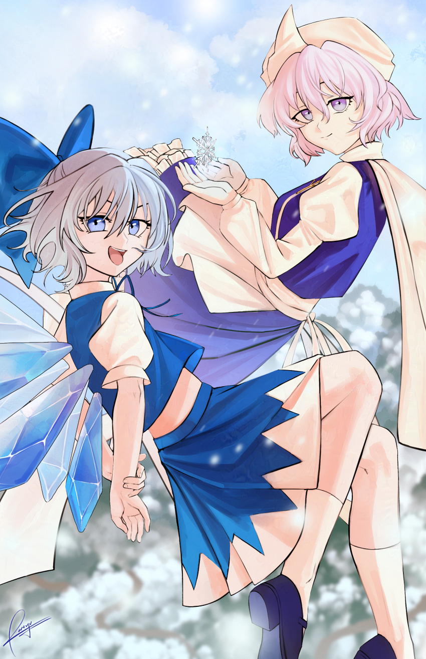 2girls absurdres ankle_socks apron arms_behind_back back_ribbon bare_arms black_shoes blue_bow blue_eyes blue_skirt blue_sky blue_vest blue_wings bow cirno closed_mouth cloud collared_shirt commentary_request day eyelashes fairy fairy_wings flying frilled_skirt frills full_body hair_between_eyes hair_bow hat highres holding_own_wrist ice ice_wings juliet_sleeves letty_whiterock long_sleeves looking_at_viewer mary_janes medium_skirt midriff mob_cap multiple_girls open_mouth outdoors partyu pleated_skirt puffy_long_sleeves puffy_short_sleeves puffy_sleeves purple_eyes purple_hair ribbon scarf shirt shoes short_sleeves skirt skirt_set sky smile snow snowflakes snowing socks teeth touhou tree triangle_print triangular_headpiece upper_teeth_only v-shaped_eyebrows vest waist_apron white_apron white_hat white_ribbon white_scarf white_shirt white_socks wings winter