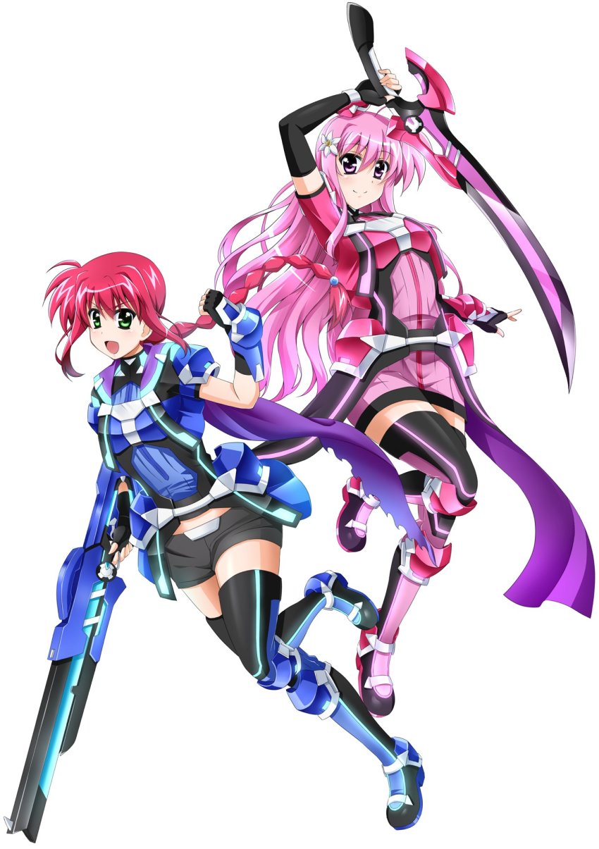 2girls ahoge amitie_florian arm_up armor black_gloves black_legwear black_shorts blue_footwear blue_jacket boots braid braided_ponytail clenched_hand closed_mouth commentary dress elbow_gloves fingerless_gloves flower gauntlets gloves greaves green_eyes gun hair_flower hair_ornament highres holding holding_gun holding_sword holding_weapon jacket kyrie_florian long_hair looking_at_viewer lyrical_nanoha magical_girl mahou_shoujo_lyrical_nanoha_reflection midriff multiple_girls open_mouth pink_boots pink_dress pink_eyes pink_hair red_hair short_dress short_shorts short_sleeves shorts siblings simple_background single_braid sisters smile standing standing_on_one_leg sword thighhighs variant_zapper weapon white_background yorousa_(yoroiusagi)