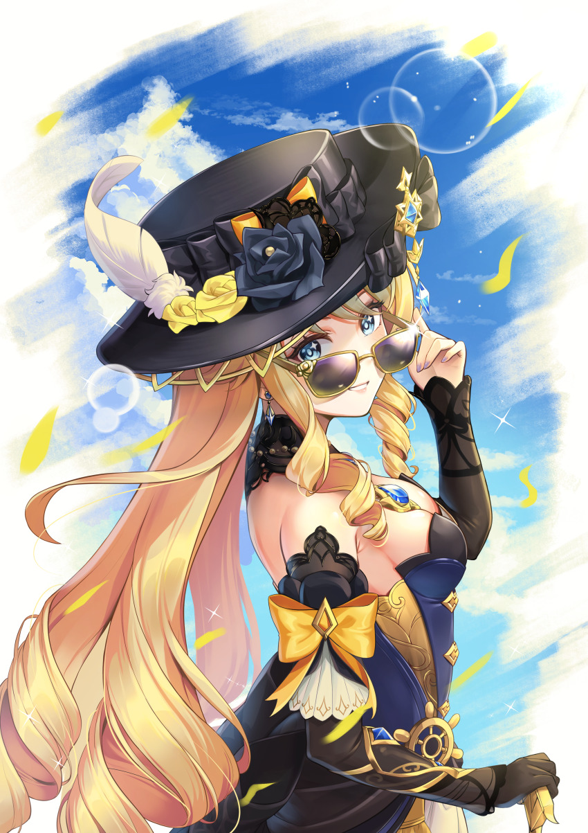 1girl absurdres black_choker black_flower black_gloves black_hat black_sleeves blonde_hair blue_eyes blue_gemstone breasts choker cleavage detached_sleeves drill_hair feathers floating_hair flower from_side gem genshin_impact gloves hand_on_own_hip hat hat_feather hat_flower highres long_hair long_sleeves looking_at_viewer looking_over_eyewear medium_breasts navia_(genshin_impact) rice_rabbit22 single_glove solo strapless sunglasses very_long_hair white_feathers yellow-framed_eyewear yellow_flower