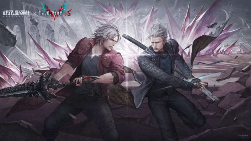 2boys black_coat blue_vest coat crossover dante_(devil_may_cry) devil_may_cry_(series) devil_may_cry_5 devil_sword_dante fighting_stance fingerless_gloves gloves hair_slicked_back highres holding holding_sword holding_weapon multiple_boys punishing:_gray_raven red_coat ruins sleeves_rolled_up sword vergil_(devil_may_cry) vest weapon white_hair yamato_(sword)