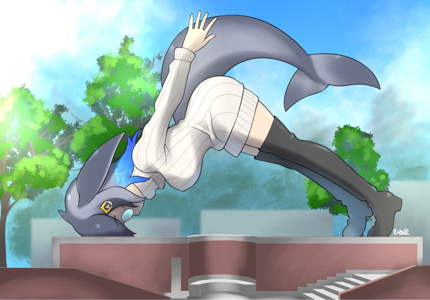 1girl black_boots blue_hair blue_sky blue_whale_(kemono_friends) boots breasts cetacean_tail cloud day dress fins fish_tail giant giantess glasses gradient_hair grey_hair grey_tail hair_ornament head_fins highres himehachi_(hime8manga) japan kemono_friends large_breasts long_hair long_sleeves multicolored_hair outdoors real_world_location ribbed_dress round_eyewear sky solo stairs sweater sweater_dress tail thigh_boots thighhighs tree turtleneck turtleneck_dress whale_girl white_dress zettai_ryouiki