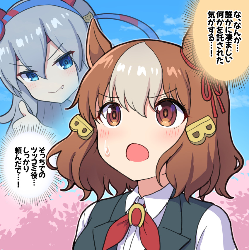 2girls animal_ears belno_light_(umamusume) blue_eyes blue_sky bow brown_eyes brown_hair cloud commentary_request day ear_ribbon grey_hair highres horse_ears horse_girl long_hair multicolored_hair multiple_girls outdoors red_ribbon ribbon short_hair sky streaked_hair takiki tamamo_cross_(umamusume) translation_request umamusume umamusume:_cinderella_gray