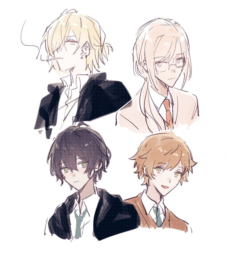 4boys black_coat black_hair blonde_hair blush brown_eyes brown_sweater_vest bw5d_p cigarette coat collared_shirt degrees_of_lewdity freckles frown green_eyes green_necktie highres kylar_(degrees_of_lewdity) kylar_(male)_(degrees_of_lewdity) long_hair looking_at_viewer male_focus multiple_boys necktie orange_hair ponytail red_necktie robin_(degrees_of_lewdity) robin_(male)_(degrees_of_lewdity) shirt short_hair simple_background smile smoking sweater_vest sydney_(degrees_of_lewdity) sydney_(male)_(degrees_of_lewdity) white_background white_shirt whitney_(degrees_of_lewdity) whitney_(male)_(degrees_of_lewdity) yellow_eyes
