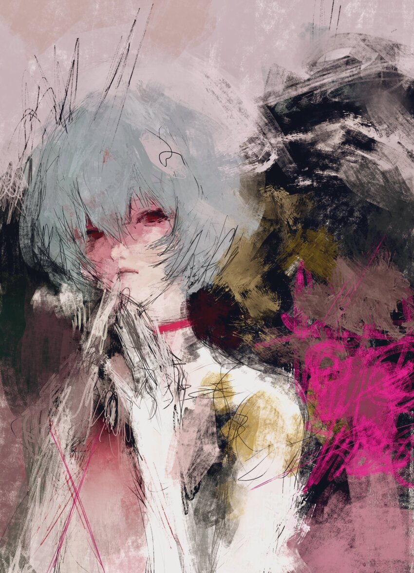 1girl abstract_background ayanami_rei blue_hair bodysuit closed_mouth expressionless fuyumurasaki highres mecha_pilot_suit neon_genesis_evangelion painterly red_eyes short_hair solo upper_body white_bodysuit