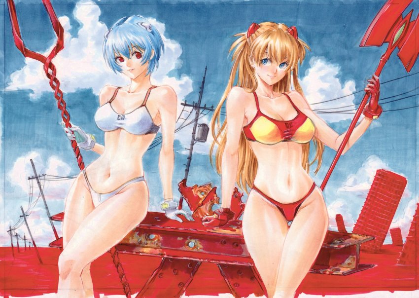2girls arm_support ayanami_rei bident bikini blue_eyes curvy highleg highleg_bikini highres interface_headset_(evangelion) lance_of_cassius lance_of_longinus_(evangelion) long_hair looking_at_viewer marker_(medium) multiple_girls navel neon_genesis_evangelion polearm red_bikini red_eyes rodrigo_yoshimiya shiny_skin short_hair sky souryuu_asuka_langley spear_of_cassius swimsuit traditional_media two_side_up wasteland weapon white_bikini