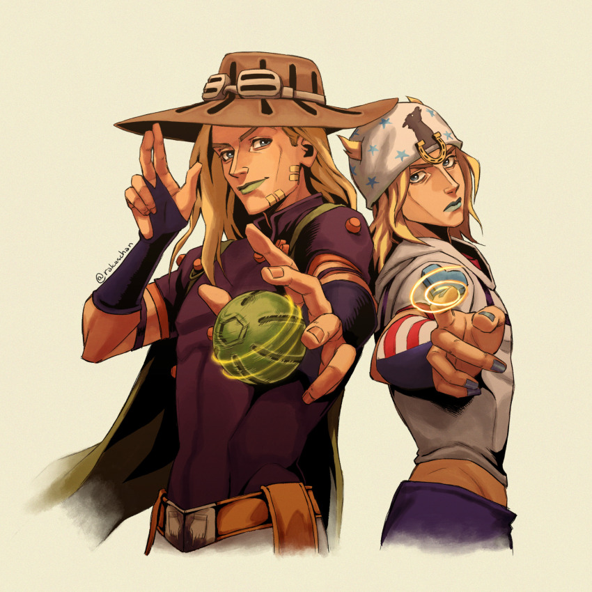 2boys beanie beard belt blonde_hair blue_eyes blue_lips blue_nails bridal_gauntlets brown_hat cape cowboy_hat facial_hair goggles goggles_on_headwear green_ball green_cape green_lips gyro_zeppeli hat heart_ornament high_collar highres hood hoodie horseshoe horseshoe_hat_ornament johnny_joestar jojo_no_kimyou_na_bouken long_hair looking_at_viewer makeup male_focus medium_hair motion_lines multiple_boys orange_belt orange_sleeves pointing pointing_at_viewer purple_bridal_gauntlets purple_sleeves rakuschan shirt spinning star_(symbol) star_print steel_ball_(jojo) steel_ball_run two-tone_sleeves upper_body white_hat white_hoodie