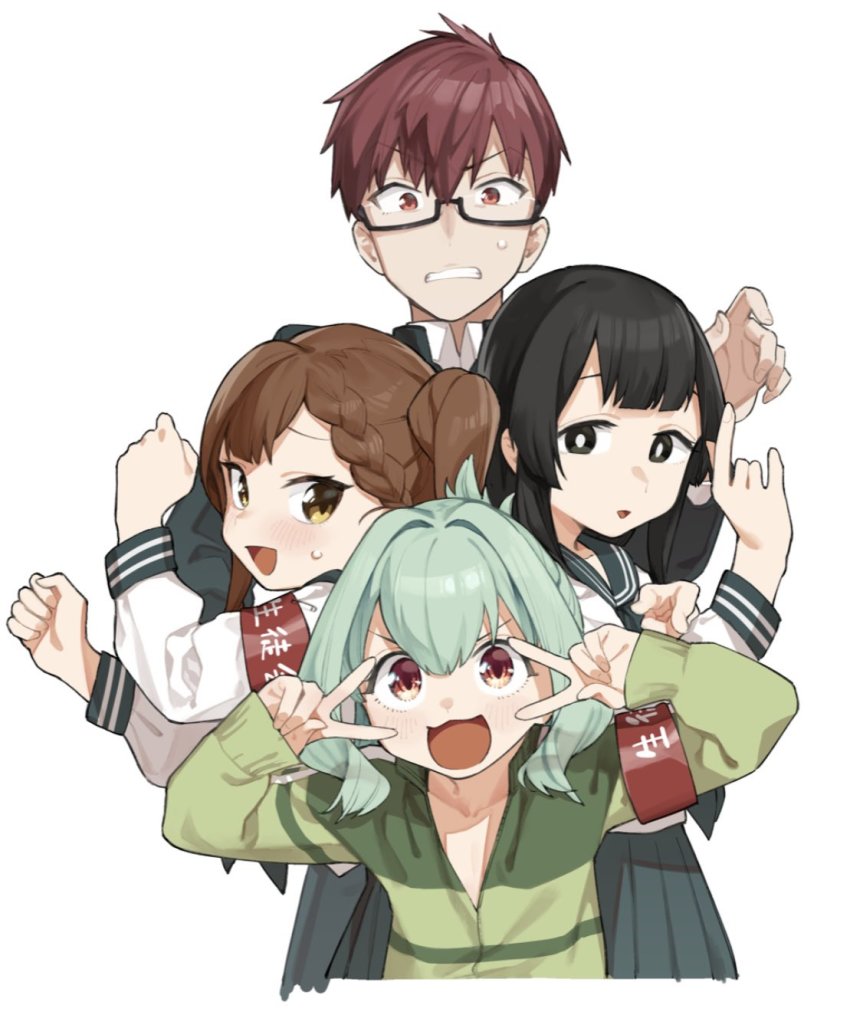 2boys 2girls :d armband black_eyes black_hair blunt_bangs blush braid bright_pupils brown_eyes brown_hair cropped_torso double_v glasses green_hair green_jacket highres jacket kotobuki_hisako long_sleeves mizunoe_ume muchi_maro multiple_boys multiple_girls official_art open_mouth otori_tan pleated_skirt promotional_art red_armband red_eyes sailor_collar school_uniform seitokai_ni_mo_ana_wa_aru! semi-rimless_eyewear simple_background single_braid skirt smile terui_arisu trap twintails upper_body v v_over_eye white_background white_pupils yellow_eyes