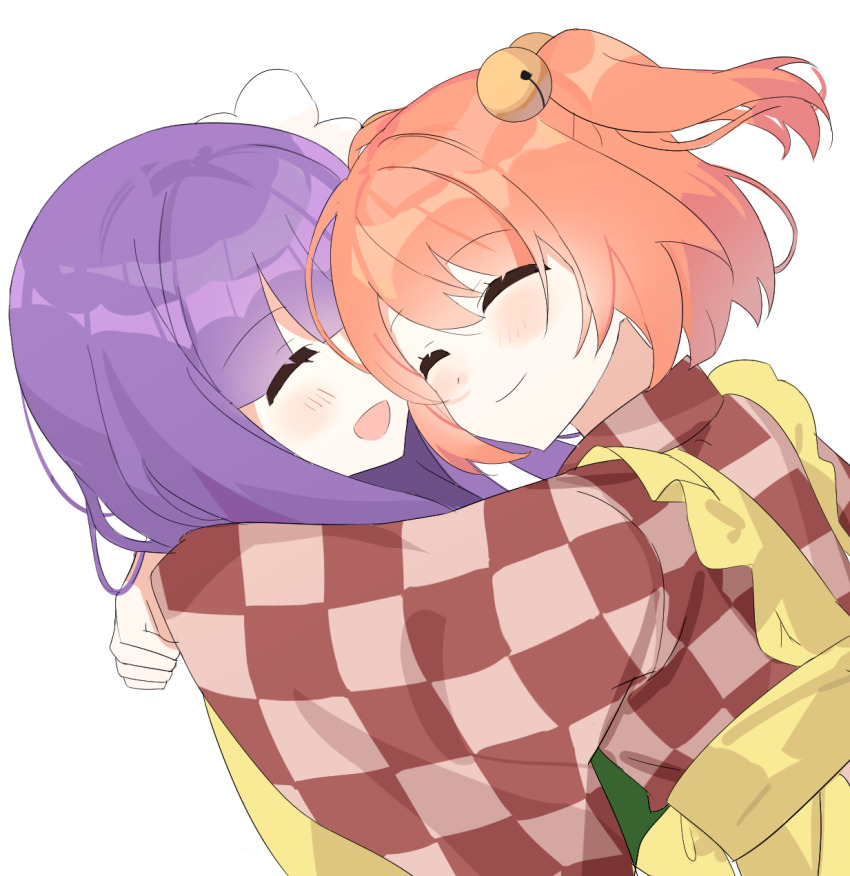 2girls bell blush chimi_(s2yuyukos2) flower hair_bell hair_flower hair_ornament hieda_no_akyuu highres hug motoori_kosuzu multiple_girls orange_hair purple_hair short_hair touhou yuri