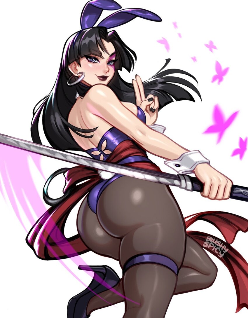 1girl animal_ears ass black_hair black_leotard blushyspicy breasts detached_collar fake_animal_ears fake_tail fishnet_pantyhose fishnets highleg highleg_leotard highres large_breasts leotard long_hair looking_at_viewer marvel marvel_rivals pantyhose playboy_bunny psylocke psylocke_(vengeance) purple_eyes purple_leotard rabbit_ears rabbit_tail sash solo strapless strapless_leotard sword tail thighhighs weapon wrist_cuffs x-men