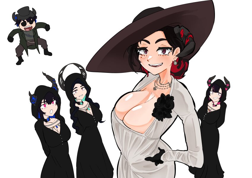1boy 4girls absurdres alcina_dimitrescu alcina_dimitrescu_(cosplay) aradia_ravencroft asymmetrical_horns bela_dimitrescu bela_dimitrescu_(cosplay) black_hair breasts brother_and_sister cassandra_dimitrescu cassandra_dimitrescu_(cosplay) cleavage colored_inner_hair cosplay daaku_(koizumi_arata) daniela_dimitrescu daniela_dimitrescu_(cosplay) demon_boy demon_horns double-parted_bangs dress family gloves hat highres hololive hololive_english horns huge_breasts jewelry karl_heisenberg karl_heisenberg_(cosplay) large_breasts long_hair looking_at_viewer malpha_ravencroft malphis_ii_ravencroft mamarissa mature_female mole mole_under_eye mother_and_daughter mother_and_son multicolored_hair multiple_girls necklace nerissa_ravencroft red_eyes resident_evil resident_evil_village siblings sisters smile sun_hat two-tone_hair uneven_horns virtual_youtuber