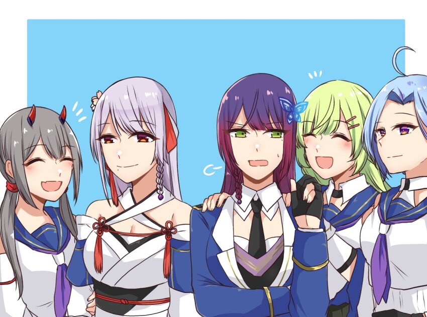 5girls :d ^_^ ahoge annoyed arm_under_breasts arms_at_sides assault_lily bare_shoulders black_gloves blue_background blue_hair blue_jacket blue_sailor_collar border braid breasts cleavage closed_eyes closed_mouth collared_shirt commentary criss-cross_halter crop_top detached_sleeves fang fingerless_gloves flower flower_knot fujita_asagao funada_kiito funada_ui gloves green_eyes green_hair grey_hair hair_flower hair_ornament hair_ribbon half_gloves halterneck hand_on_another&#039;s_arm hand_up hands_on_another&#039;s_shoulders hands_up horns igusa_subaru jacket japanese_clothes kawabata_hotaru kimono light_smile long_sleeves looking_at_another looking_to_the_side low_twintails mechanical_horns medium_breasts multiple_girls neckerchief nigari_(ngari_0115) notice_lines obi obijime odaiba_girls_high_school_uniform open_mouth outside_border parted_bangs pink_flower puff_of_air purple_eyes purple_hair purple_neckerchief red_horns red_ribbon ribbon sailor_collar sash school_uniform serafuku shirt siblings side-by-side side_braid sideways_glance simple_background single_braid sisters skin_fang sleeveless sleeveless_shirt smile sweatdrop tassel tassel_hair_ornament twintails undershirt upper_body v-shaped_eyebrows white_border white_kimono white_ribbon white_shirt