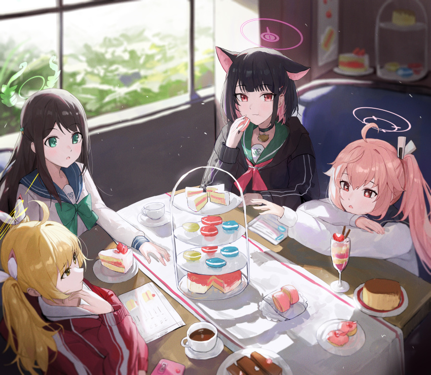 +_+ 4girls absurdres after-school_sweets_club_(blue_archive) ahoge airi_(blue_archive) animal_ears ascot black_hair black_jacket black_sailor_collar blonde_hair blue_archive blue_sailor_collar bow brown_hair cake cat_choker cat_ears cat_girl closed_mouth coffee colored_inner_animal_ears colored_inner_hair food food_in_mouth green_bow green_eyes green_sailor_collar hair_between_eyes hair_ribbon highres holding holding_food jacket jianjia kazusa_(blue_archive) long_hair looking_at_viewer macaron multicolored_hair multiple_girls natsu_(blue_archive) open_mouth parfait pink_ascot pink_background pink_hair red_jacket ribbon sailor_collar shirt side_ponytail sidelocks twintails two-tone_hair upper_body white_ribbon white_shirt yellow_eyes yoshimi_(blue_archive)