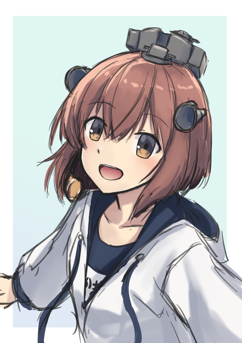 1girl blue_one-piece_swimsuit brown_eyes brown_hair headgear highres hood hooded_jacket jacket kantai_collection name_tag one-hour_drawing_challenge one-piece_swimsuit open_mouth radar_hair_ornament school_swimsuit short_hair smile solo speaking_tube_headset swimsuit swimsuit_under_clothes upper_body white_jacket yuki_4040 yukikaze_(kancolle) yukikaze_(swimsuit)_(kancolle)