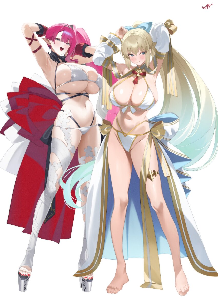 2girls :d absurdres armpits arms_up baobhan_sith_(fate) baobhan_sith_(swimsuit_pretender)_(fate) baobhan_sith_(swimsuit_pretender)_(third_ascension)_(fate) barefoot bikini blonde_hair blue_eyes blunt_bangs blush breasts closed_mouth commentary detached_sleeves fate/grand_order fate_(series) full_body grey_eyes highres kurozawa_yui large_breasts long_hair long_sleeves morgan_le_fay_(fate) morgan_le_fay_(water_princess)_(fate) multiple_girls nail_polish navel open_mouth pink_hair pointy_ears ponytail presenting_armpit red_nails side_ponytail sideboob simple_background smile standing stomach swimsuit thighs toenail_polish toenails toes underboob very_long_hair white_background white_bikini