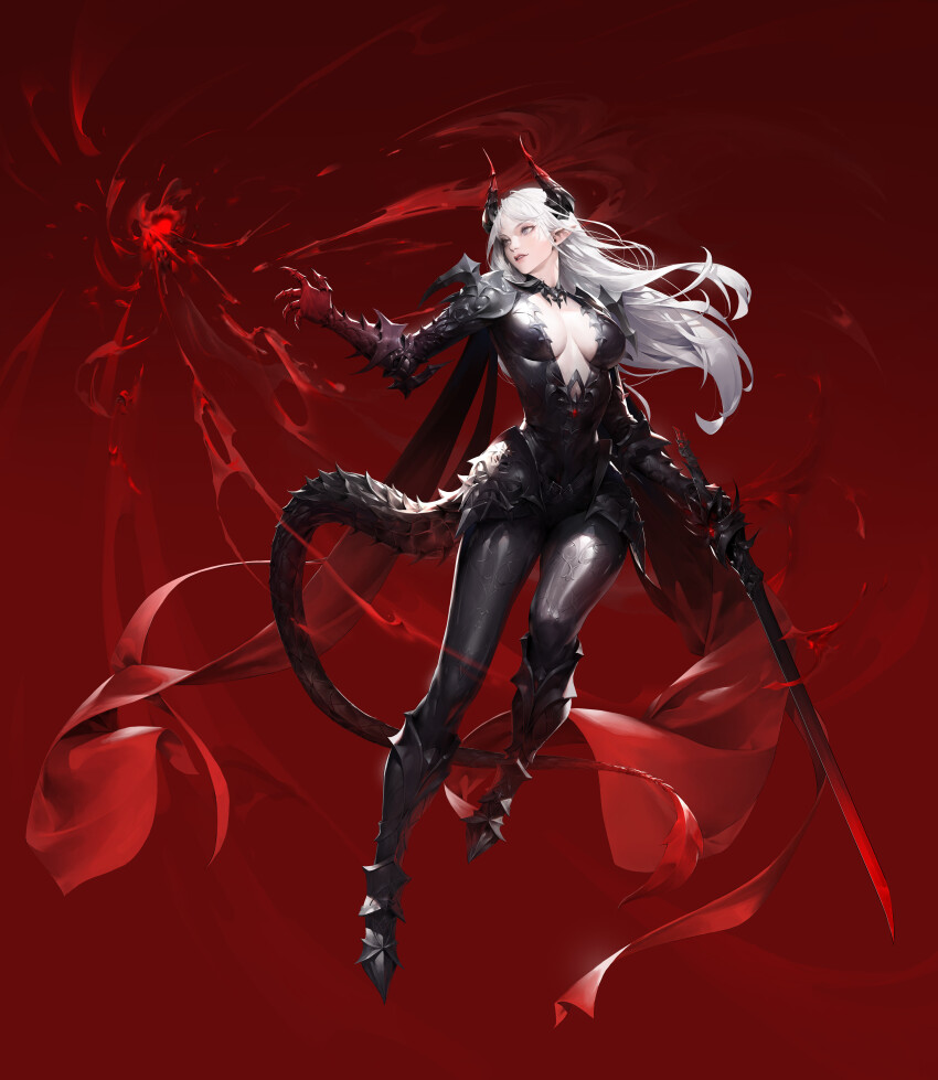 1girl absurdres armor blood breasts breasts_apart commentary dragon_girl dragon_horns dragon_tail english_commentary full_body gradient_background grey_eyes hemokinesis highres holding holding_sword holding_weapon horns jung_wonjo long_hair looking_to_the_side medium_breasts original parted_lips pointy_ears red_background scale_armor solo sword tail weapon white_hair