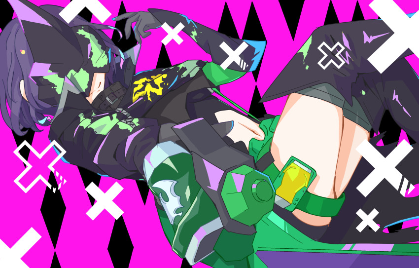 adapted_costume bat_(animal) bat_genome black_footwear black_mask blade bohi_yamage boots cosplay evilblade foreshortening gloves highres holding holding_weapon idolmaster idolmaster_cinderella_girls kamen_rider kamen_rider_evil kamen_rider_evil_(cosplay) kamen_rider_revice licking_lips mask mixed-language_commentary pink_background rider-tan rider_belt shiragiku_hotaru splatter splatter_print sword thigh_boots tongue tongue_out vistamp weapon