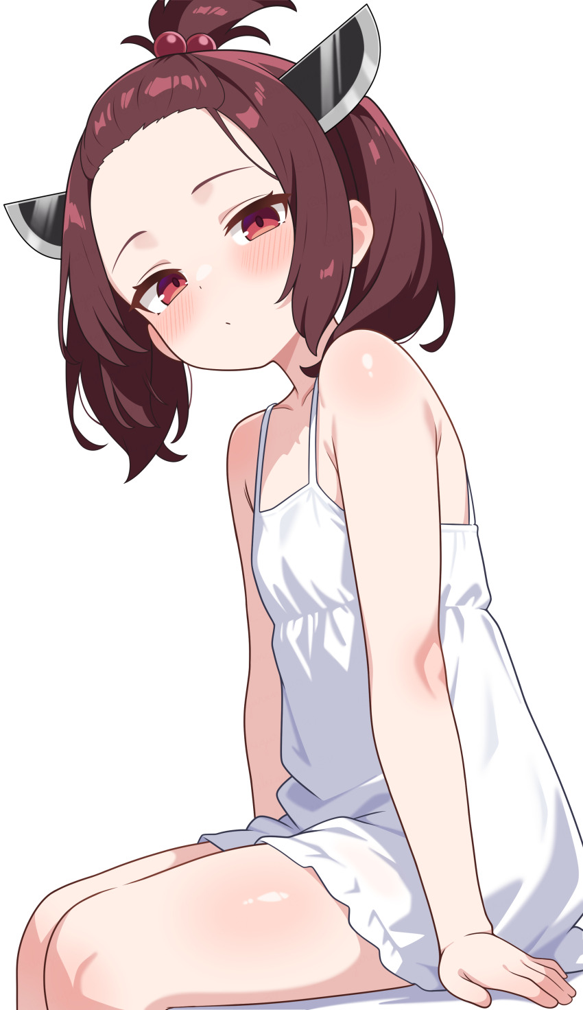 1girl absurdres bangs_pinned_back blush breasts brown_hair closed_mouth commentary_request dress forehead frilled_dress frills highres looking_at_viewer red_eyes shiguren_39 short_hair simple_background sitting small_breasts solo sundress touhoku_kiritan voiceroid white_background white_dress