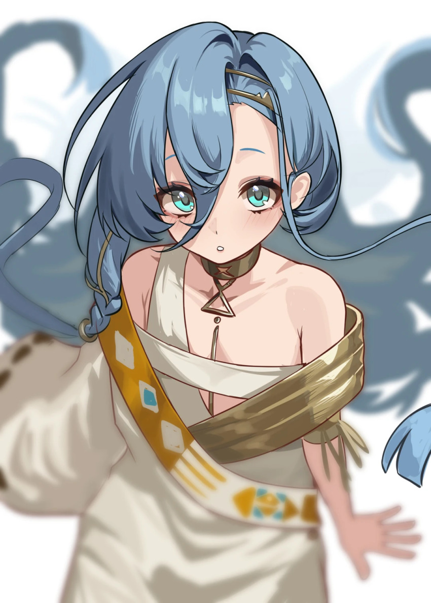 1girl 37_(reverse:1999) :o amamiyayk ancient_greek_clothes bare_shoulders blue_hair blurry depth_of_field from_above gold_choker greco-roman_clothes hair_between_eyes highres long_hair looking_at_viewer reverse:1999 solo toga upper_body very_long_hair white_background
