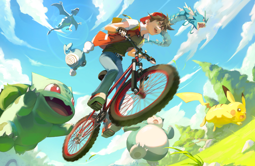 1boy absurdres aerodactyl backwards_hat bicycle bulbasaur chinese_commentary cloud commentary_request day emo_qianzi fingerless_gloves from_below gen_1_pokemon gloves grass gyarados hat highres holding jacket male_focus nintendo open_clothes open_jacket open_mouth outdoors pants pikachu pokemon pokemon_(creature) pokemon_adventures poliwhirl red_(pokemon) red_hat shirt shoes short_hair sky snorlax teeth tree upper_teeth_only