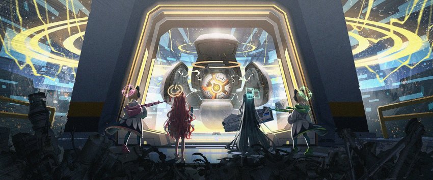 4girls aris_(blue_archive) battle blonde_hair blue_archive blue_hair dark_blue_hair electricity gun halo highres long_hair looking_ahead machinery magnetic_weapon midori_(blue_archive) miyoshi_nao_(miyoshist) momoi_(blue_archive) multiple_girls railgun red_hair rifle robot short_hair siblings sisters sniper_rifle twins very_long_hair weapon yuzu_(blue_archive)