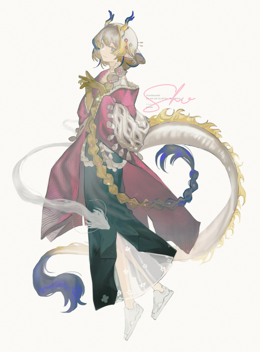 1girl absurdres arknights black_skirt blonde_hair blue_hair braid character_name colored_extremities colored_skin commentary dragon_girl dragon_horns dragon_tail green_eyes highres horns jacket looking_at_viewer multicolored_hair off_shoulder official_alternate_costume official_alternate_hairstyle pink_jacket pointy_ears sandals shawl shu_(arknights) shu_(spring_feast)_(arknights) simple_background skirt smile solo steepled_fingers tail watermark white_background white_hair white_sandals yellow_skin yuishironeko
