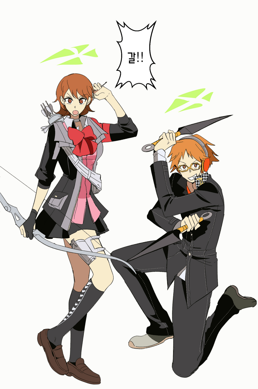 1boy 1girl absurdres archery_shooting_glove arrow_(projectile) babakun black_gloves black_jacket black_pants black_skirt black_socks bow bow_(weapon) bowtie brown_eyes brown_hair brown_shoes cardigan choker collared_shirt commentary_request flipped_hair full_body gekkoukan_high_school_uniform glasses gloves grin hanamura_yousuke headphones highres holding holding_bow_(weapon) holding_kunai holding_weapon holster in-franchise_crossover jacket kneehighs korean_commentary kunai long_sleeves looking_at_viewer miniskirt on_one_knee open_clothes open_jacket open_mouth pants partially_fingerless_gloves persona persona_3 persona_3_reload persona_4 pink_cardigan pleated_skirt quiver red_bow red_bowtie ribbed_cardigan school_uniform shirt shoes short_hair simple_background single_glove skirt smile socks speech_bubble standing takeba_yukari thigh_holster translation_request weapon white_background white_choker white_shirt yasogami_school_uniform