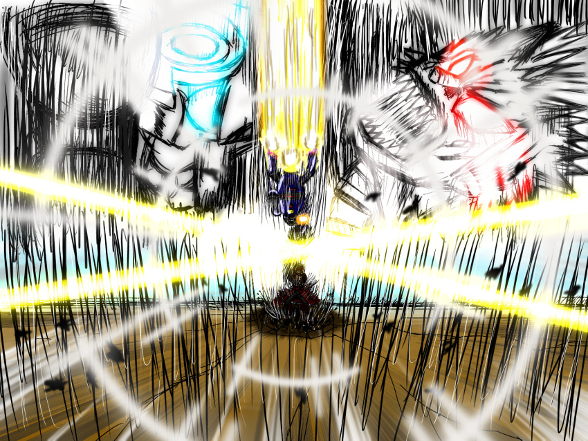 1boy boku_no_hero_academia clash crossover explosion glowing glowing_eyes hard_man helmet highres kirishima_eijirou red_hair robot robot_ears mega_man_(series) mega_man_(classic) mega_man_3