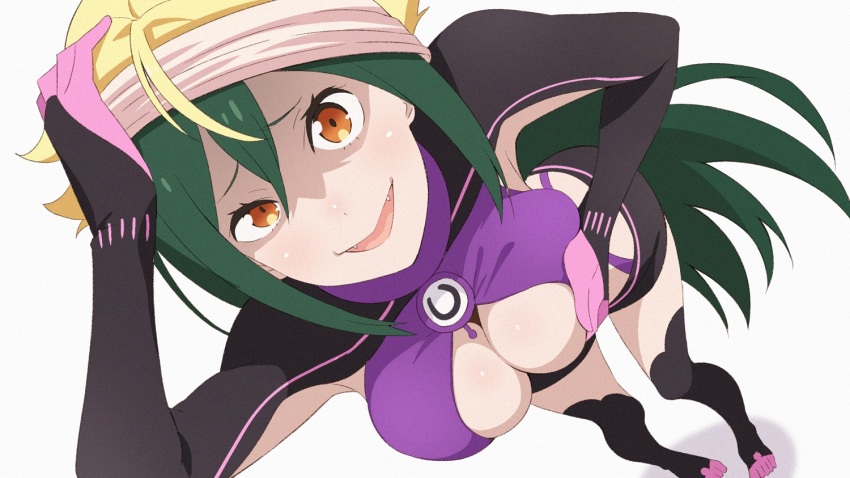 1girl black_shorts black_thighhighs blonde_hair breasts brown_eyes capella_emerada_lugnica center_opening cleavage crazy_smile crop_top crusch_karsten fang from_above grabbing_another&#039;s_breast green_hair groping highleg highleg_panties large_breasts long_hair looking_at_viewer micro_shorts panties re:zero_kara_hajimeru_isekai_seikatsu shapeshifter shapeshifting shorts skinsuit smile thighhighs thighs transformation ty_tsf underwear