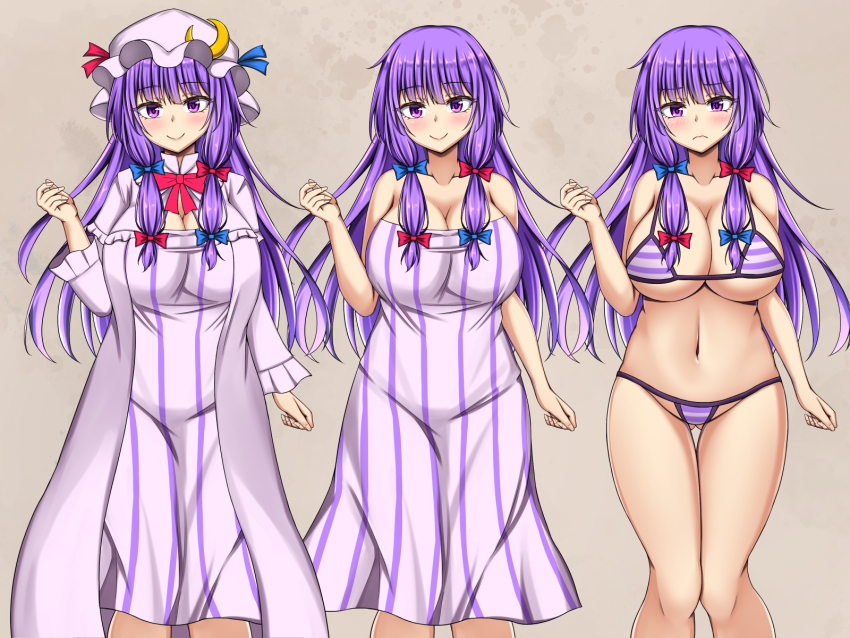1girl arm_up blue_bow blue_ribbon blush bow bowtie bra breasts cleavage closed_mouth collarbone commentary_request crescent crescent_hat_ornament dress frown hair_bow hat hat_ornament hat_ribbon highres large_breasts long_hair looking_at_viewer mob_cap multiple_views navel no_headwear panties patchouli_knowledge purple_eyes purple_hair red_bow red_bowtie red_ribbon ribbon robe smile strapless strapless_dress striped_bra striped_clothes striped_dress striped_panties sumari tan_background touhou underwear underwear_only very_long_hair
