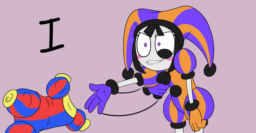 1girl absurdres annoyed asymmetrical_gloves black_hair blunt_bangs blush_stickers clenched_teeth clothes_grab constricted_pupils eye_twitch frown gloves hat hat_bell highres hm_artist jester jester_cap mismatched_gloves motion_lines multicolored_eyes multicolored_hat orange_eyes orange_gloves pom_pom_(clothes) pomni_(the_amazing_digital_circus) puffy_short_sleeves puffy_sleeves purple_eyes purple_gloves short_sleeves solo striped_clothes striped_headwear teeth the_amazing_digital_circus two-tone_eyes two-tone_sash undressing unworn_clothes vertical-striped_bodysuit vertical-striped_clothes vertical-striped_headwear