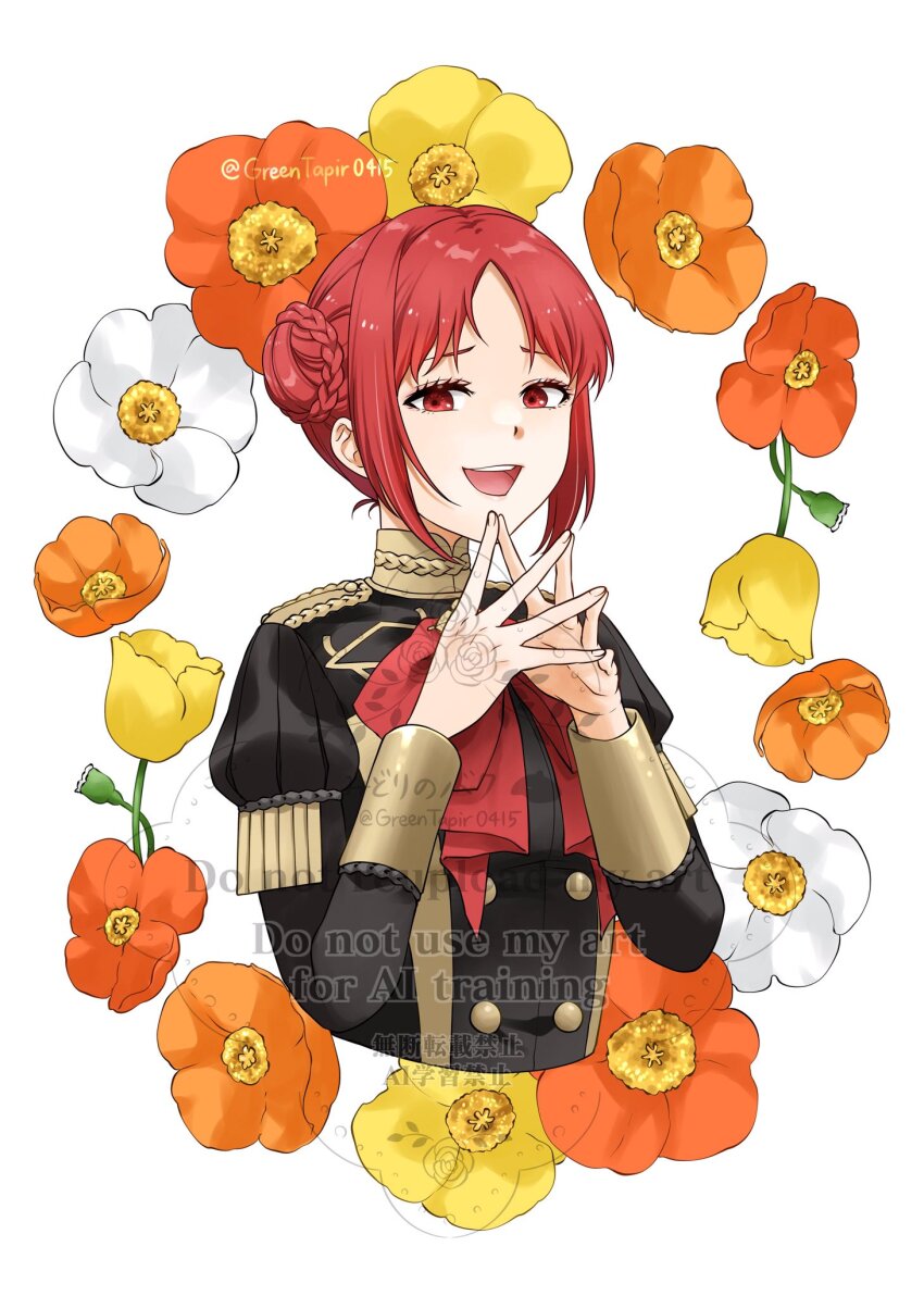 1girl fire_emblem fire_emblem:_three_houses flower garreg_mach_monastery_uniform hair_bun highres looking_at_viewer midori_no_baku monica_von_ochs nintendo open_mouth red_eyes red_hair sidelocks teeth upper_body upper_teeth_only