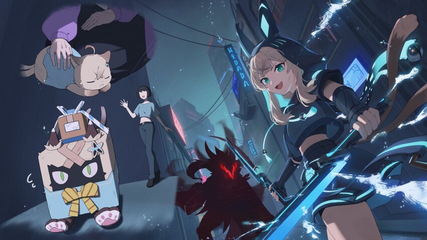 2girls absurdres animal_ears black_hood black_jacket black_shorts black_skirt blonde_hair breasts cat_ears cat_girl cat_tail crop_top genshin_impact green_eyes highres holding holding_sword holding_weapon hood hood_up hoyofair jacket kirara_(cat)_(genshin_impact) kirara_(genshin_impact) long_hair multiple_girls multiple_tails odd_(hin_yari) open_mouth shorts skirt smile sword tail weapon