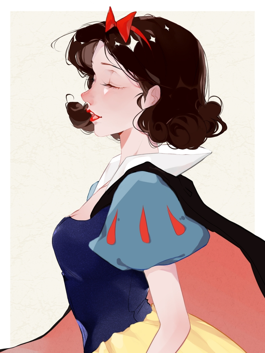 1girl animification black_hair bow cape cosplay dress hair_bow highres lips open_mouth puffy_short_sleeves puffy_sleeves red_bow short_hair short_sleeves smile snow_white_(disney) snow_white_and_the_seven_dwarfs_(disney) solo upper_body user_vscs3532
