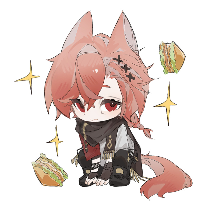 1boy animal_ears black_pants black_shoes brown_gloves brown_scarf c8h11o2n cat_boy cat_ears cat_tail chibi chibi_only chinese_commentary closed_mouth commentary_request final_fantasy final_fantasy_xiv fingerless_gloves food g&#039;raha_tia gloves hair_between_eyes hair_ornament male_focus miqo&#039;te pants red_eyes red_hair sandwich scarf shirt shoes short_sleeves simple_background solo sparkle tail white_background white_shirt x_hair_ornament