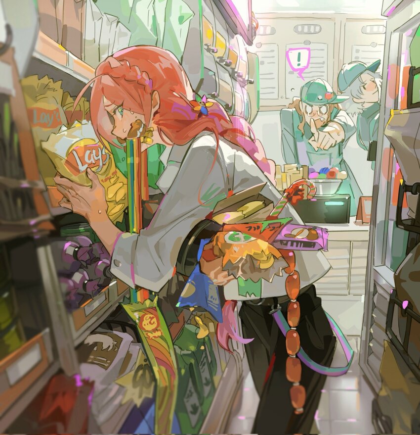 ! 3boys baseball_cap black_pants braid brown_hair candy candy_cane chips_(food) classicaloid fang food franz_liszt_(classicaloid) franz_schubert_(classicaloid) gas_station grey_hair hat highres ludwig_van_beethoven_(classicaloid) multiple_boys octahooves pants pink_hair pointing potato_chips shirt shoplifting spoken_exclamation_mark suspenders white_shirt wolfgang_amadeus_mozart_(classicaloid)