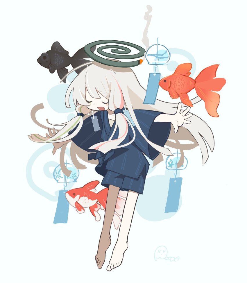 1girl absurdres aida_(aidia) arms_up barefoot blue_kimono blue_shorts burning closed_eyes fish floating_hair goldfish highres japanese_clothes kimono long_hair long_sleeves low-tied_sidelocks mosquito_coil open_mouth original shorts sidelocks simple_background smile smoke solo very_long_hair white_background white_hair wide_sleeves wind_chime