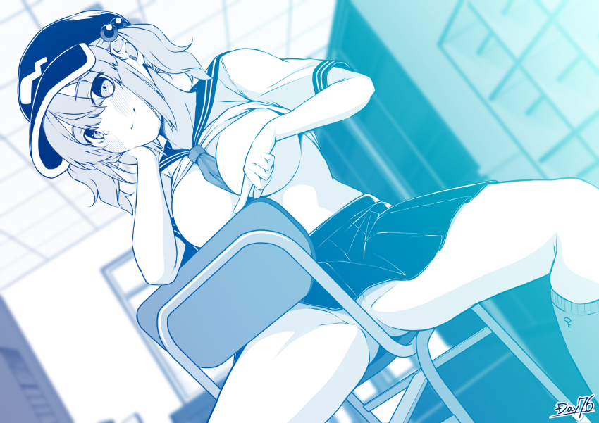 1girl alternate_costume between_legs blue_theme blush breasts chair chair_censor closed_mouth clothes_lift commentary_request convenient_arm convenient_censoring dutch_angle feet_out_of_frame flat_cap hair_bobbles hair_ornament hat highres indoors kagiyama_shachou kawashiro_nitori large_breasts looking_at_viewer medium_hair miniskirt monochrome neckerchief_between_breasts no_bra no_panties pleated_skirt school_uniform serafuku shirt_lift sidelocks sitting skirt smile socks solo touhou two_side_up